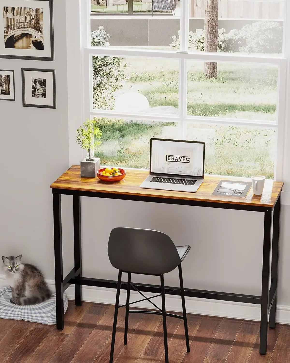 Rectangular Bar Height Pub Table with Sturdy Metal Frame, 47.24" Teak High Top Table for Kitchen, Dining, and Living Room