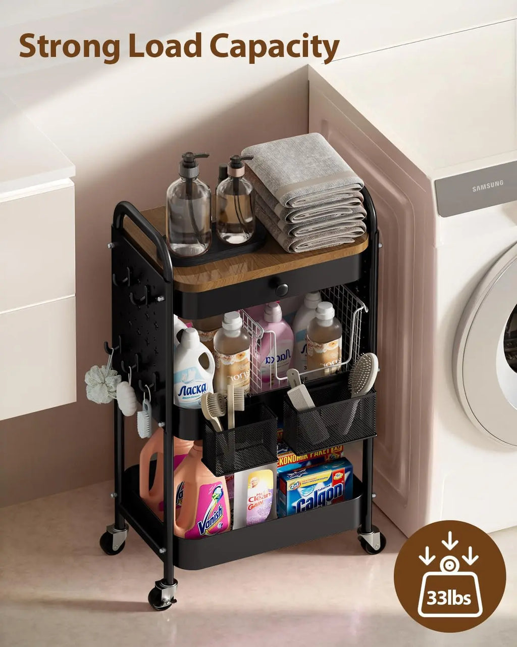 3-Tier Metal Rolling Utility Cart with Drawer and Wooden Tabletop, Features DIY Pegboards, Hanging Baskets, and Hooks for Versatile Use in Bedroom, Office, and Craft Supplies (Black)