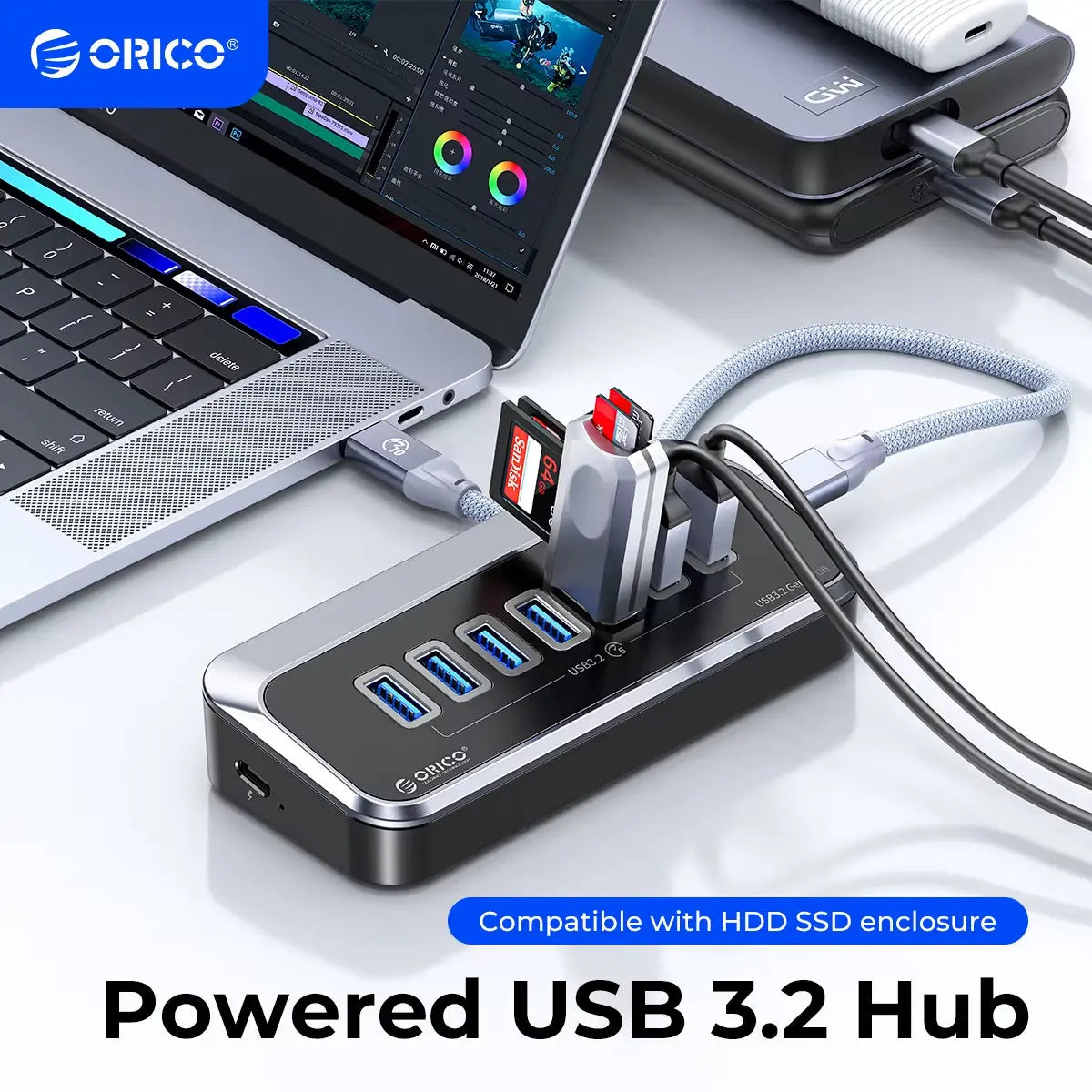 5Gbps Powered USB Hub with PD18W Charging, USB 3.2 Type-C Hub and Card Reader Splitter, Includes Power Adapter for Desktop PC Accessories