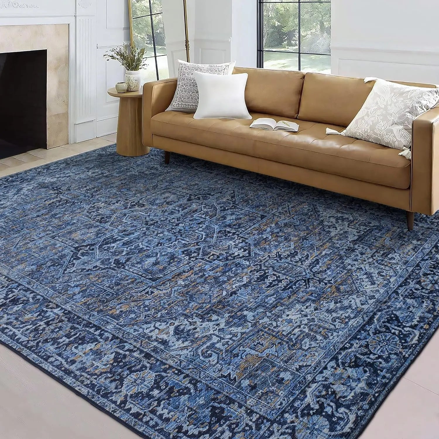 Realife Machine Washable Area Rug - Versatile Padded Low Pile Stain Resistant Design for Living Room, Bedroom, Bathroom, Kitchen, Entryway, and Office - Boho Vintage Traditional Style - Lyle in Blue, 7'6" x 9'6