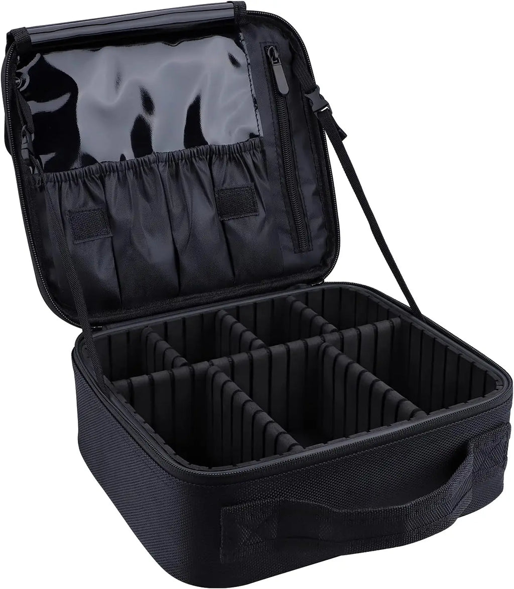 Portable 10.4" Makeup Train Case - Professional Artist Organizer with Adjustable Dividers in Oxford Cloth for Cosmetics and Brushes (Black)
