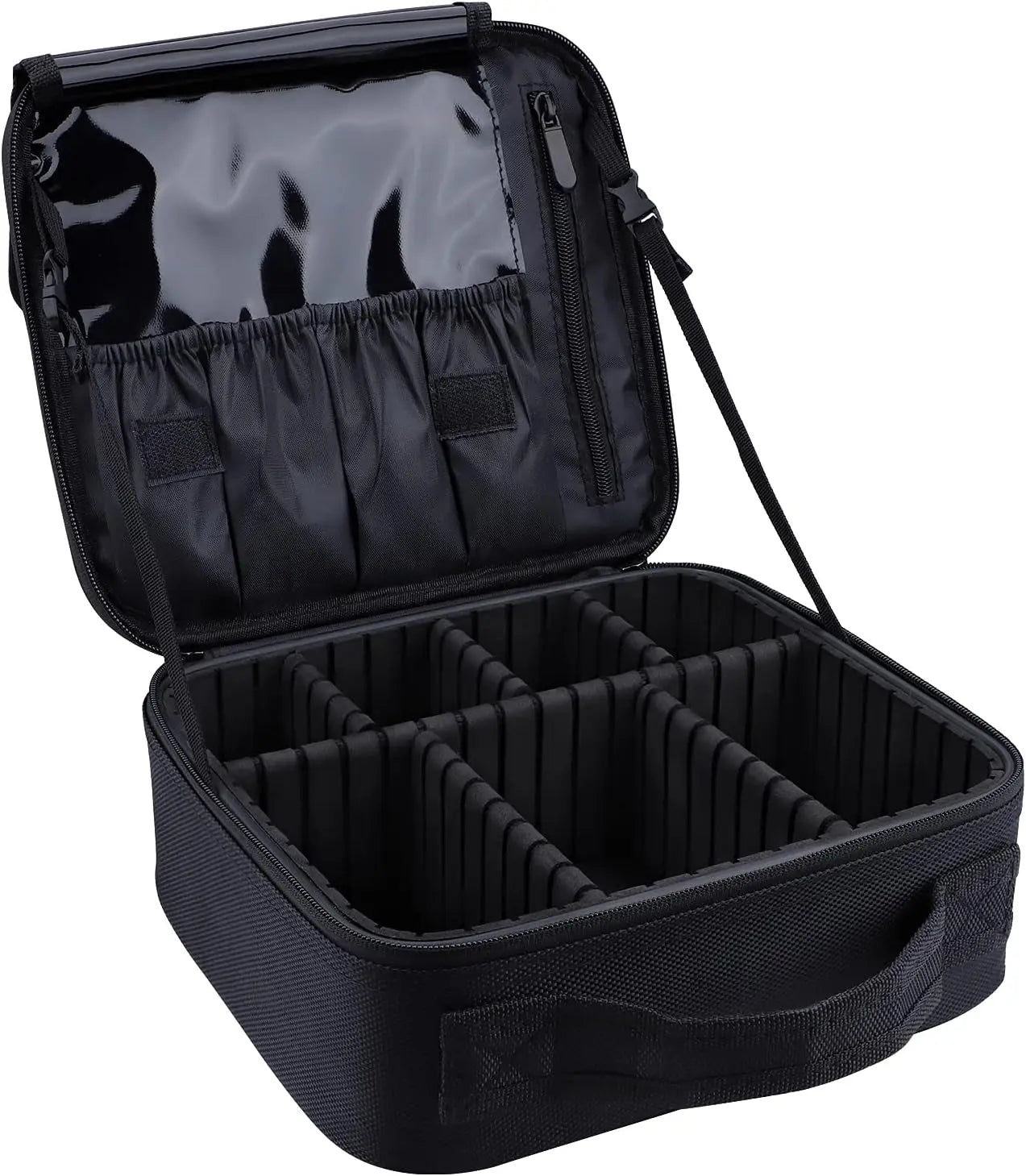 Portable 10.4" Makeup Train Case - Professional Artist Organizer with Adjustable Dividers in Oxford Cloth for Cosmetics and Brushes (Black)