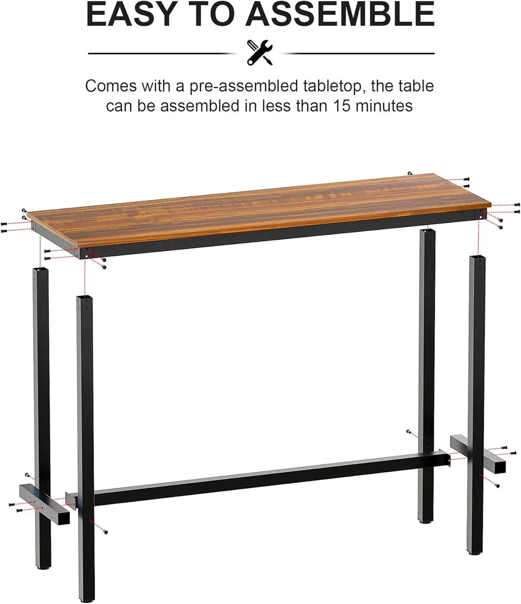Rectangular Bar Height Pub Table with Sturdy Metal Frame, 47.24" Teak High Top Table for Kitchen, Dining, and Living Room