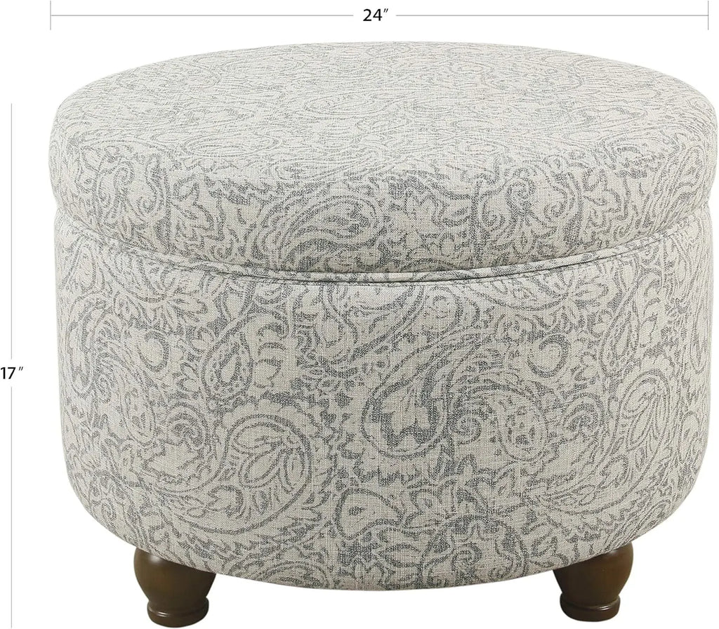 Upholstered Round Storage Ottoman for Living Room and Bedroom in Gray Floral Design