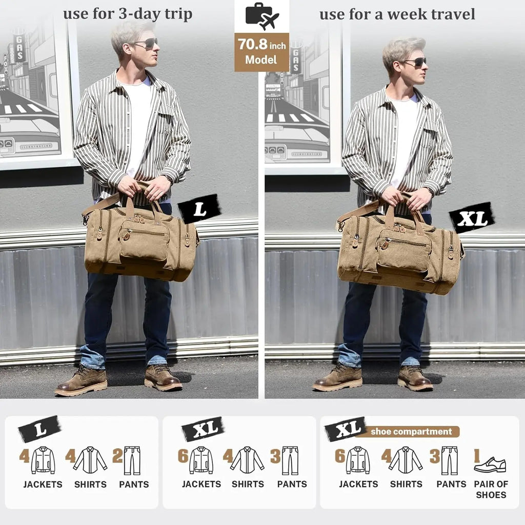 60L Canvas Duffle Bag for Travel - Overnight and Weekend Use (Coffee)
