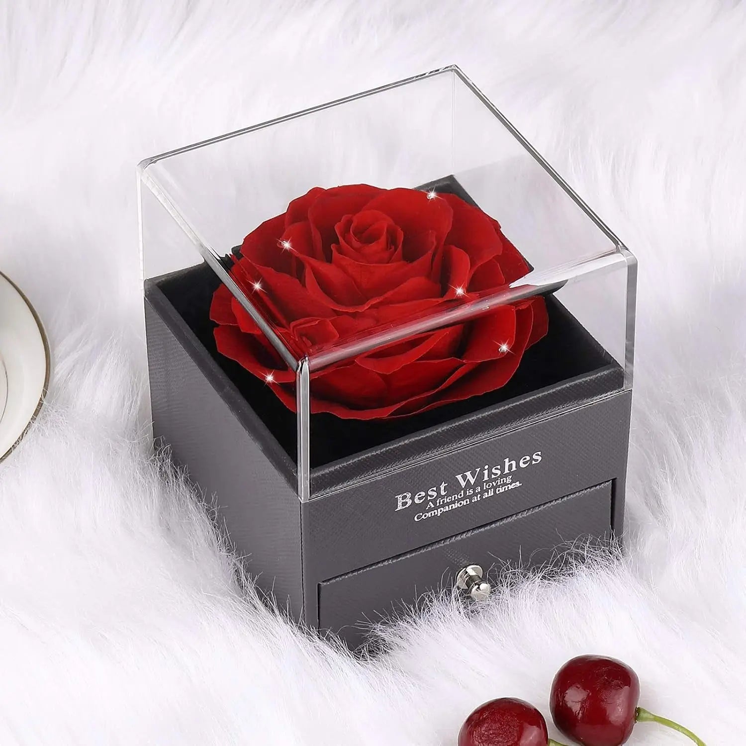 Mother's Day Gift Set: Preserved Real Flower Rose with Silver-Tone Heart Necklace Featuring "I Love You" in 100 Languages, Red Crystal Enchantment