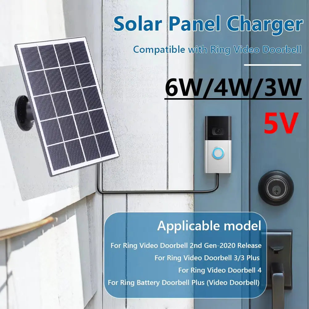 6-3W Solar Panel Charger for Ring Doorbell with IP65 Waterproof Rating and 360° Adjustable Wall Mount for Ring Video Doorbell Models 2, 3, 3 Plus, and 4