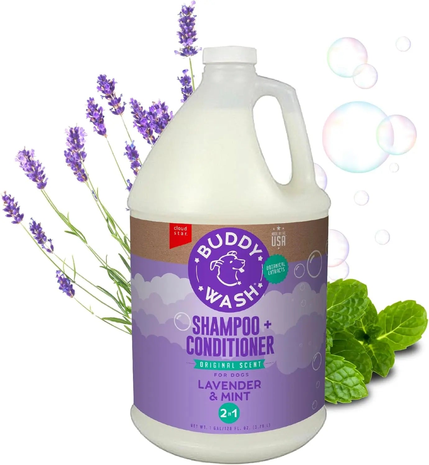 Buddy Wash 2-in-1 Lavender & Mint Dog Shampoo and Conditioner for Grooming, 1 Gallon