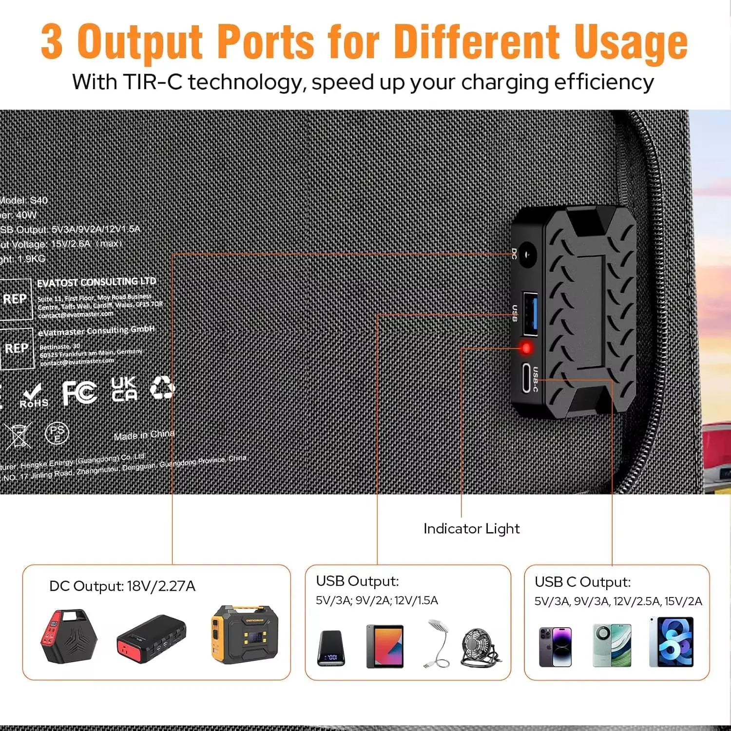 40W Portable Solar Panel Charger with DC and USB-C Ports for Camping, Road Trips, and Hiking - Ideal for Power Stations, Power Banks, Phones, and Tablets
