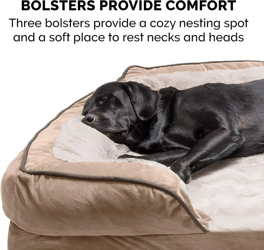 Jumbo/XL Memory Foam Dog Bed with Removable Bolsters and Washable Cover for Large Dogs up to 95 lbs - Plush Velvet Waves in Brownstone