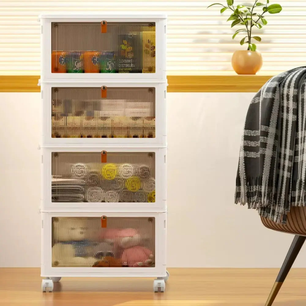 4-Tier Stackable Plastic Storage Bins with Lids, 23QT Capacity, Collapsible Design with Wheels