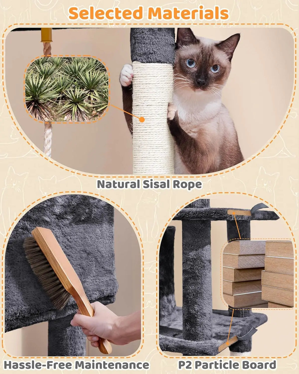 63-Inch Multi-Level Cat Tree with Sisal Scratching Posts, Condo, Hammock, Hanging Toy, and Extended Platform for Play and Rest