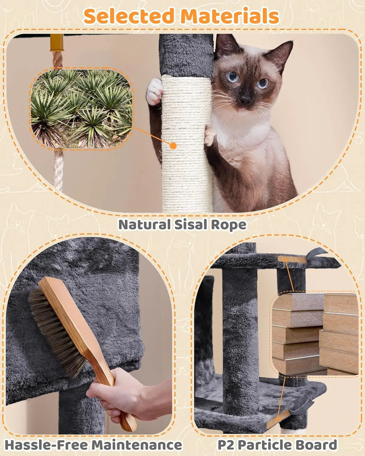 63-Inch Multi-Level Cat Tree with Sisal Scratching Posts, Condo, Hammock, Hanging Toy, and Extended Platform for Play and Rest