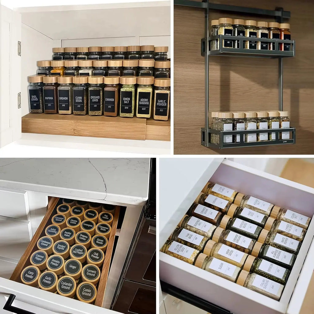 48 Glass Spice Jars with Bamboo Lids and Shaker Tops - 4 Oz Containers with 547 Labels