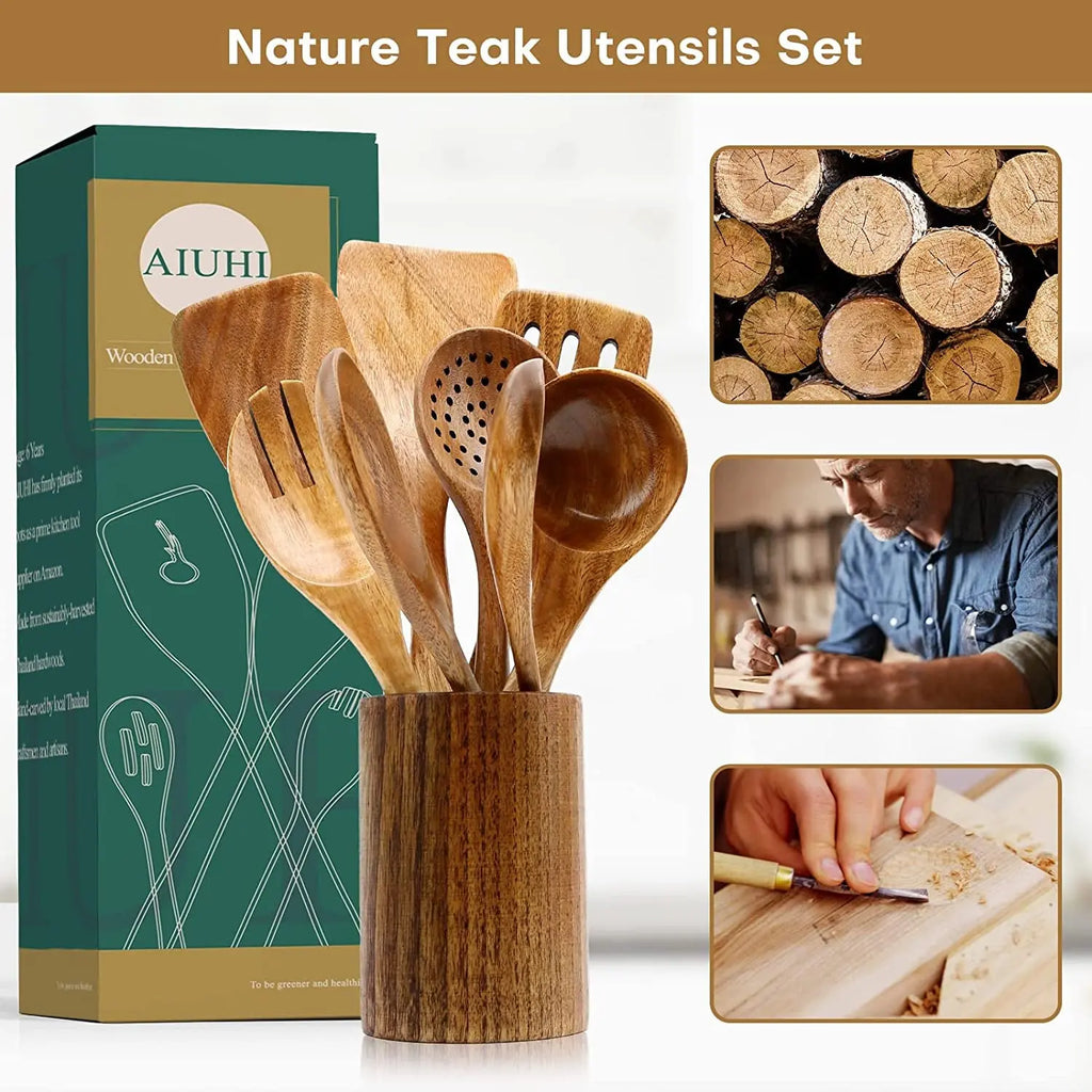 Teak Wood Cooking Utensil Set - 8-Piece Nonstick, Scratch-Resistant Kitchen Spoons