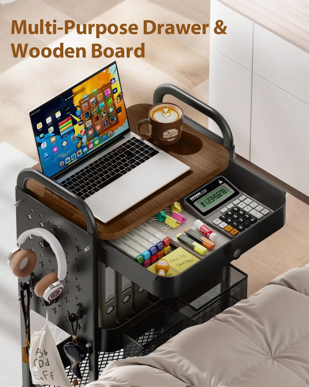 3-Tier Metal Rolling Utility Cart with Drawer and Wooden Tabletop, Features DIY Pegboards, Hanging Baskets, and Hooks for Versatile Use in Bedroom, Office, and Craft Supplies (Black)