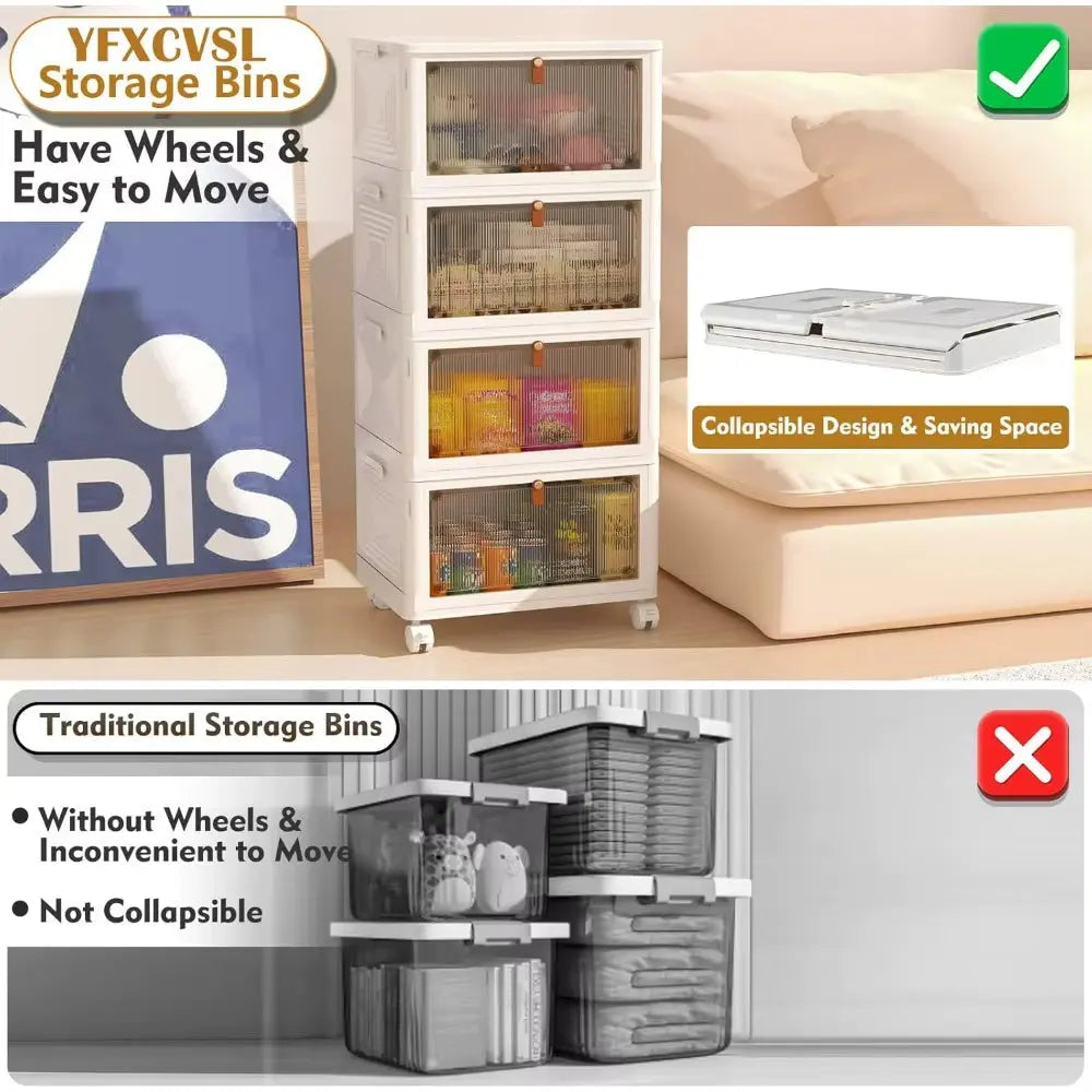 4-Tier Stackable Plastic Storage Bins with Lids, 23QT Capacity, Collapsible Design with Wheels