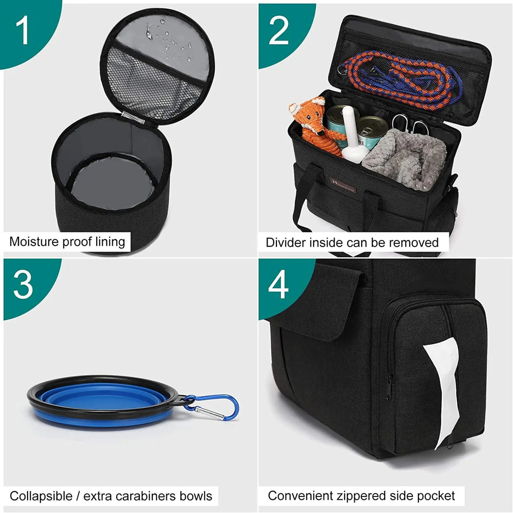 Dog Travel Bag - Comprehensive Weekend Travel Kit with Organizer, Collapsible Bowls, and Food Containers (Black)