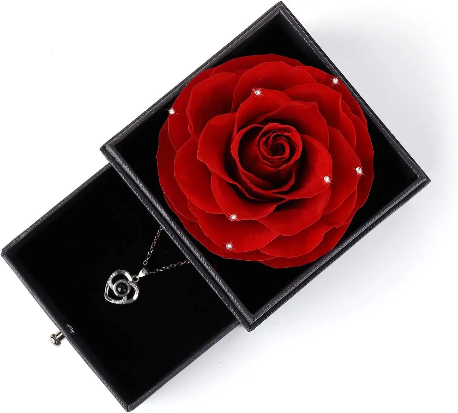 Mother's Day Gift Set: Preserved Real Flower Rose with Silver-Tone Heart Necklace Featuring "I Love You" in 100 Languages, Red Crystal Enchantment