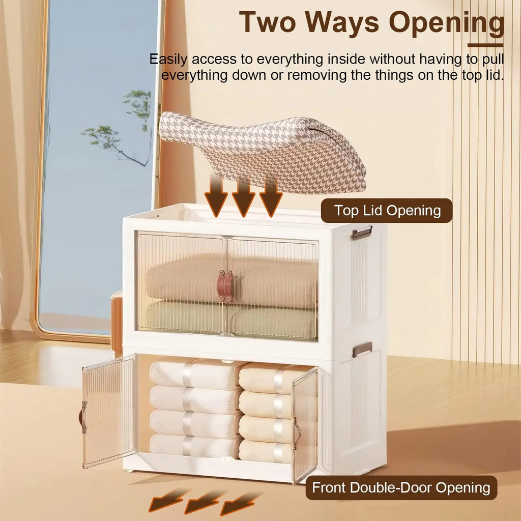Set of 3 Foldable Storage Bins with Lids, Wheels, and Magnetic Front Doors for Convenient Shipping