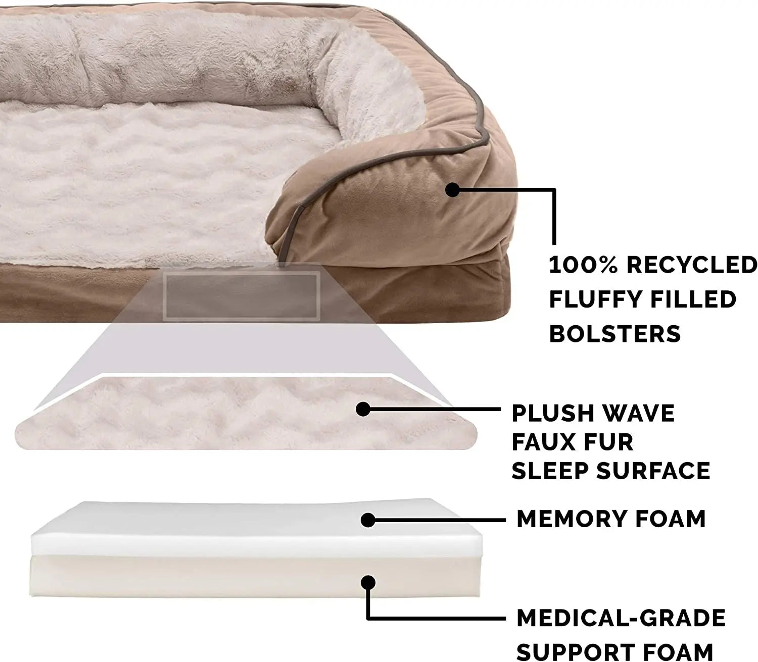 Jumbo/XL Memory Foam Dog Bed with Removable Bolsters and Washable Cover for Large Dogs up to 95 lbs - Plush Velvet Waves in Brownstone