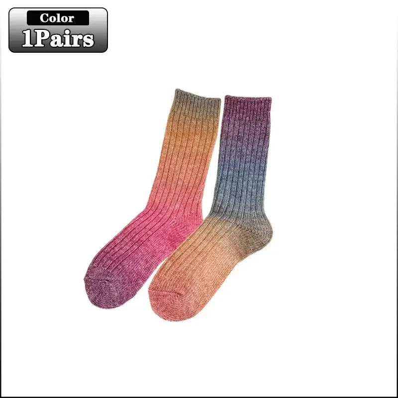 Gradient Wool Mid-Calf Socks for Autumn and Winter - Thickened Warm Rainbow-Colored Floor Socks
