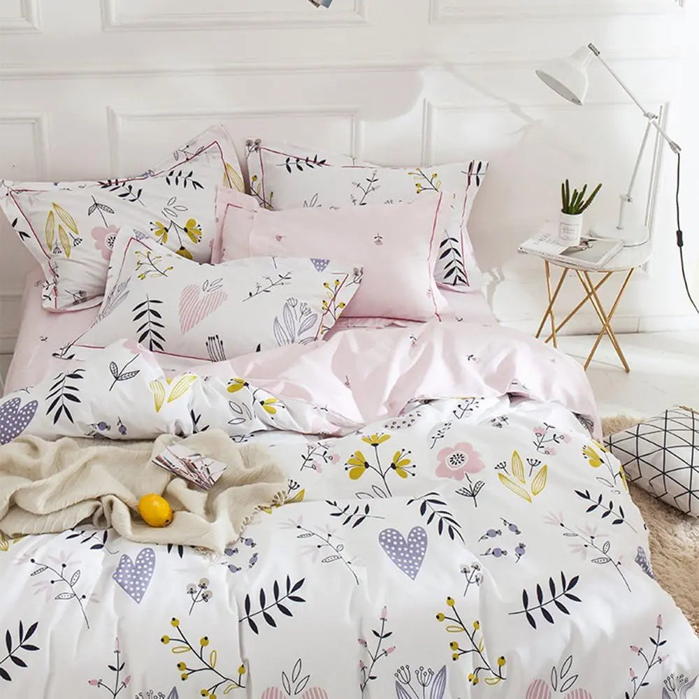 Twin Duvet Cover Set - 100% Washed Cotton Floral Design, Reversible Bedding for Women and Children
