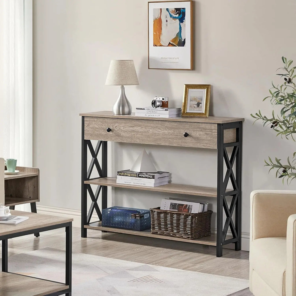 Gray Console Table with Drawer and 3-Tier Storage Shelves, Narrow Metal Frame Entryway Table for Living Room, Hallway, and Kitchen