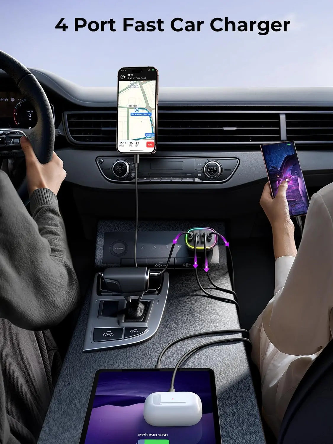 90W 4-Port USB-C Car Charger - Fast Charging Adapter for iPhone 17/16/15/14/13/12 Pro Max - Ideal for Family Travel