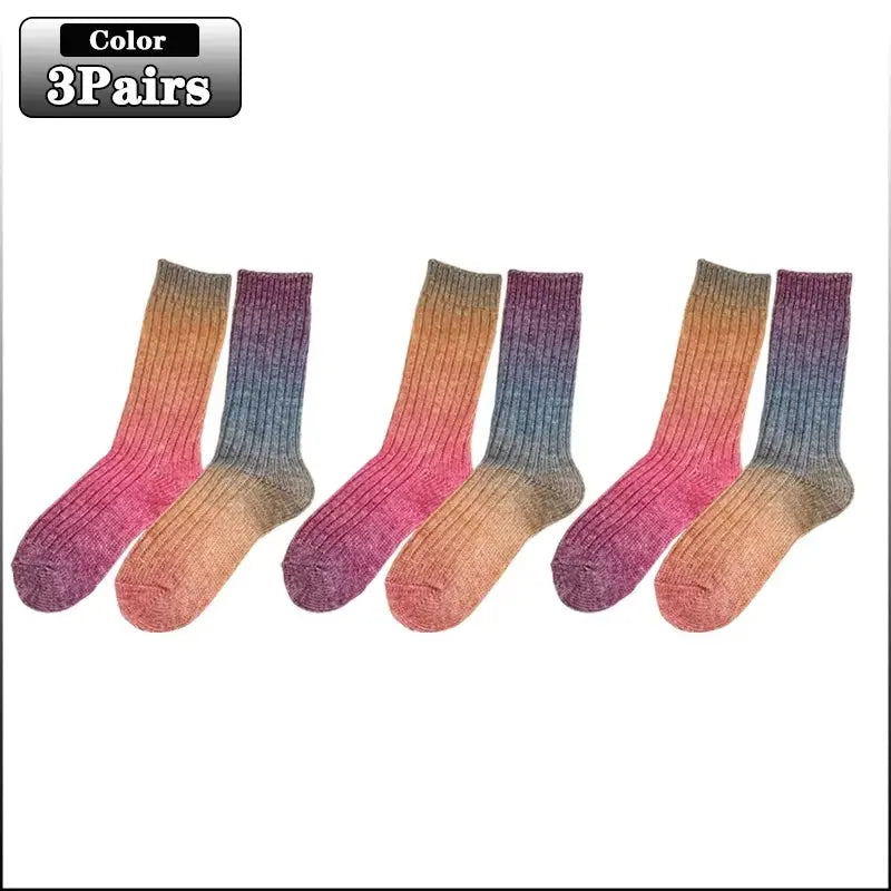 Gradient Wool Mid-Calf Socks for Autumn and Winter - Thickened Warm Rainbow-Colored Floor Socks