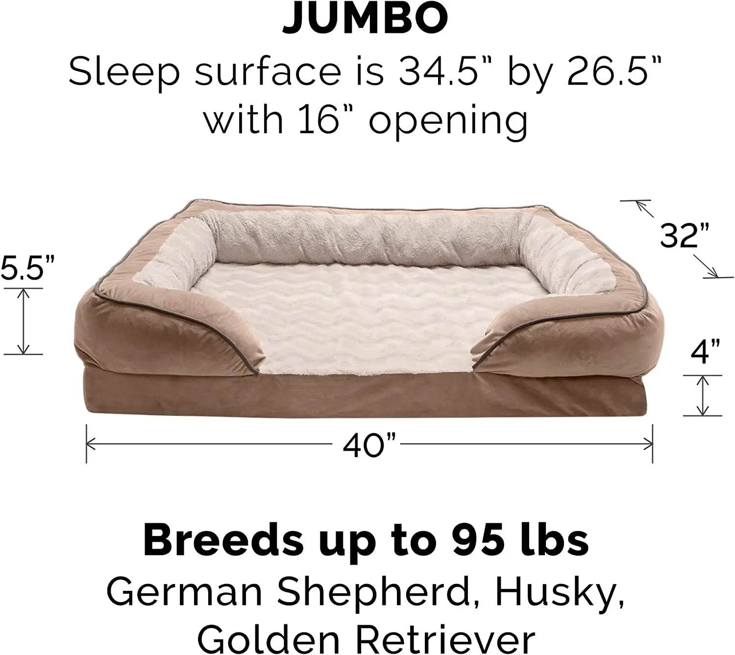Jumbo/XL Memory Foam Dog Bed with Removable Bolsters and Washable Cover for Large Dogs up to 95 lbs - Plush Velvet Waves in Brownstone