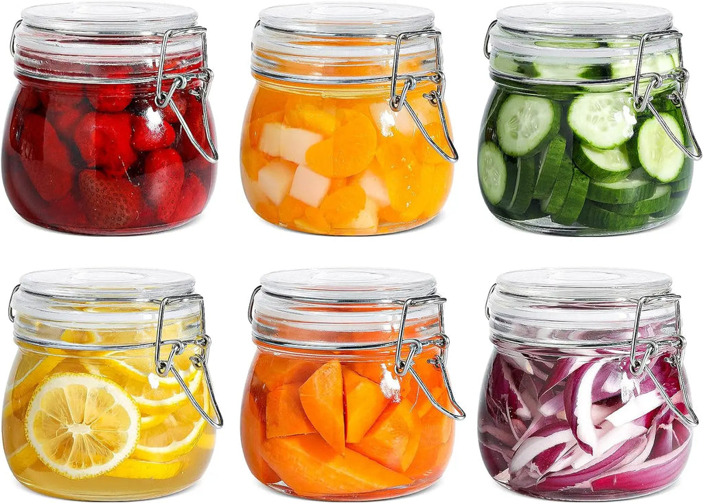 17Oz Airtight Glass Jars with Lids - Set of 6 Food Storage Containers with Clear Preserving Seal and Wire Clip Fastening for Kitchen Canning and Pickling