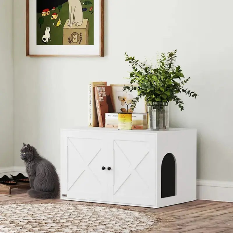 Cat Litter Box Enclosure with Barn Door and Access Opening