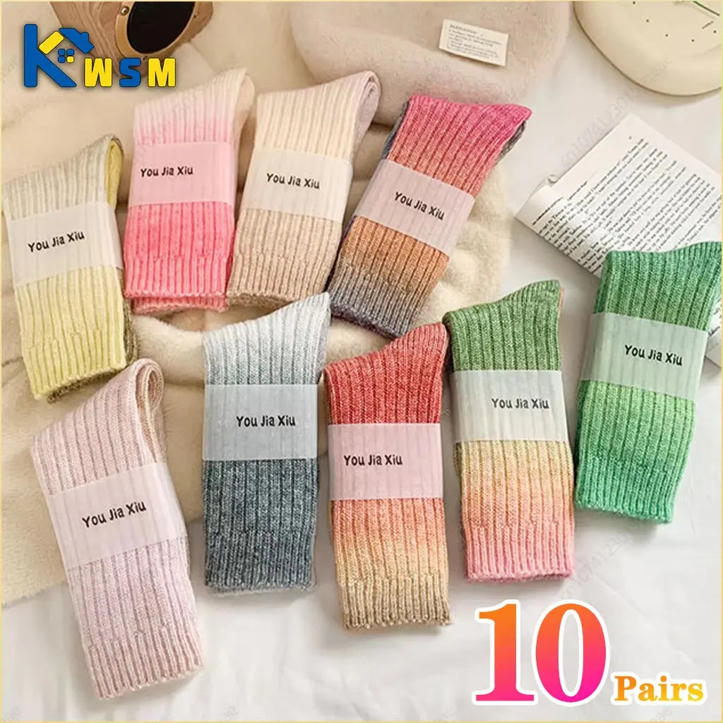 Gradient Wool Mid-Calf Socks for Autumn and Winter - Thickened Warm Rainbow-Colored Floor Socks