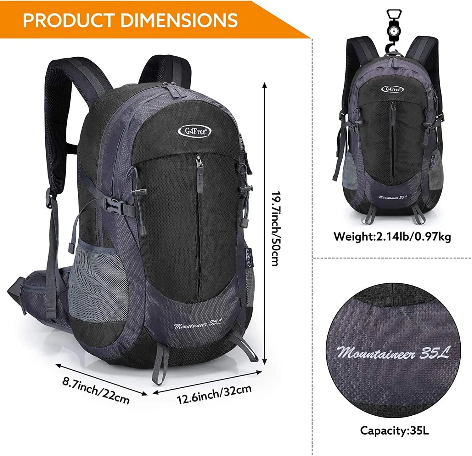 35L Water-Resistant Hiking Backpack with Rain Cover for Outdoor Sports and Travel, Lightweight Design for Men and Women (Black)