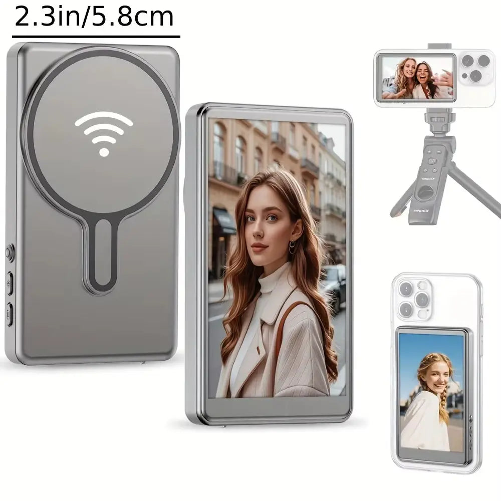 Mobile Phone Magnetic Selfie Monitor Screen for Rear Camera Vlogging and Real-Time Streaming on iPhone and Android Devices