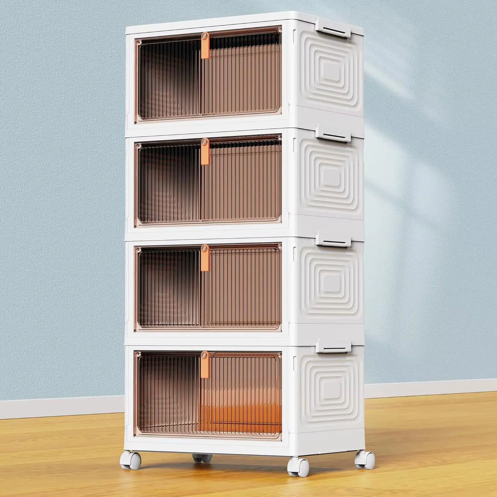 4-Tier Stackable Plastic Storage Bins with Lids, 23QT Capacity, Collapsible Design with Wheels