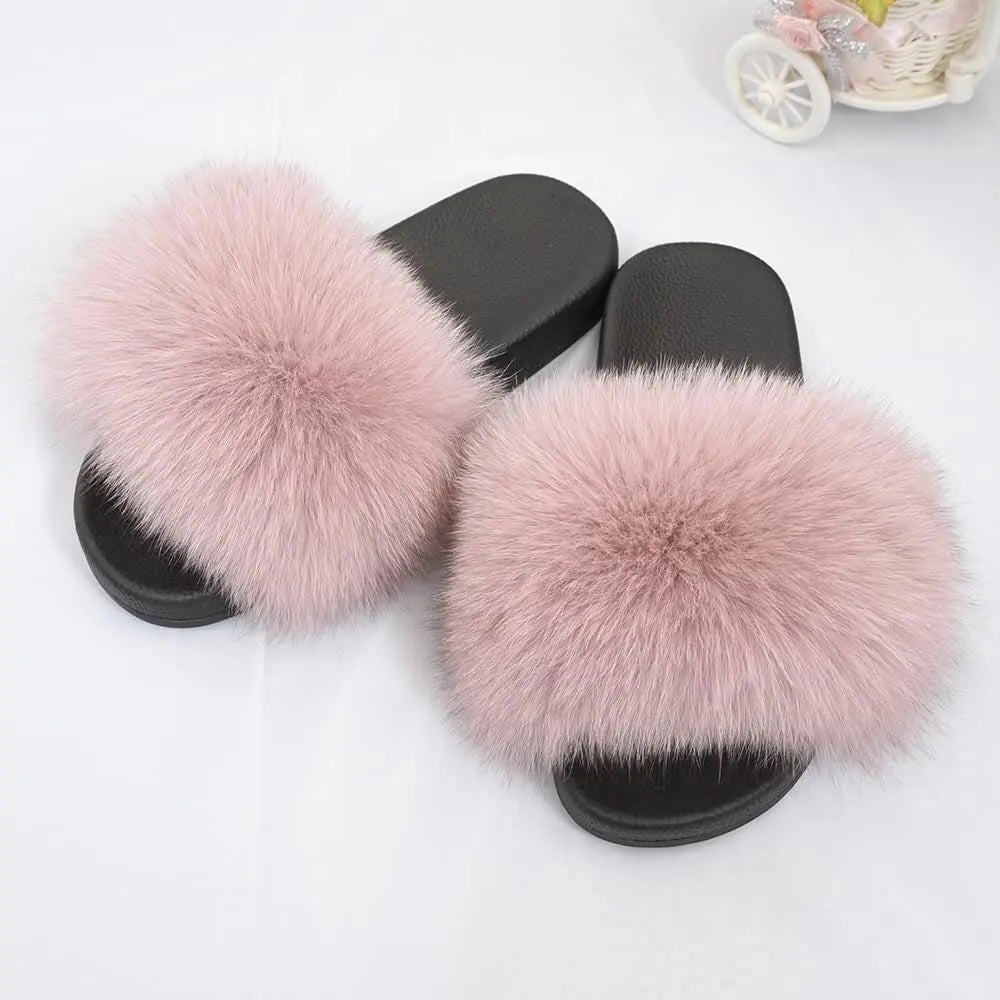 Jancoco Women's Max Real Fox Fur Slides - Luxurious Open Toe Flat Sandals for Outdoor Use