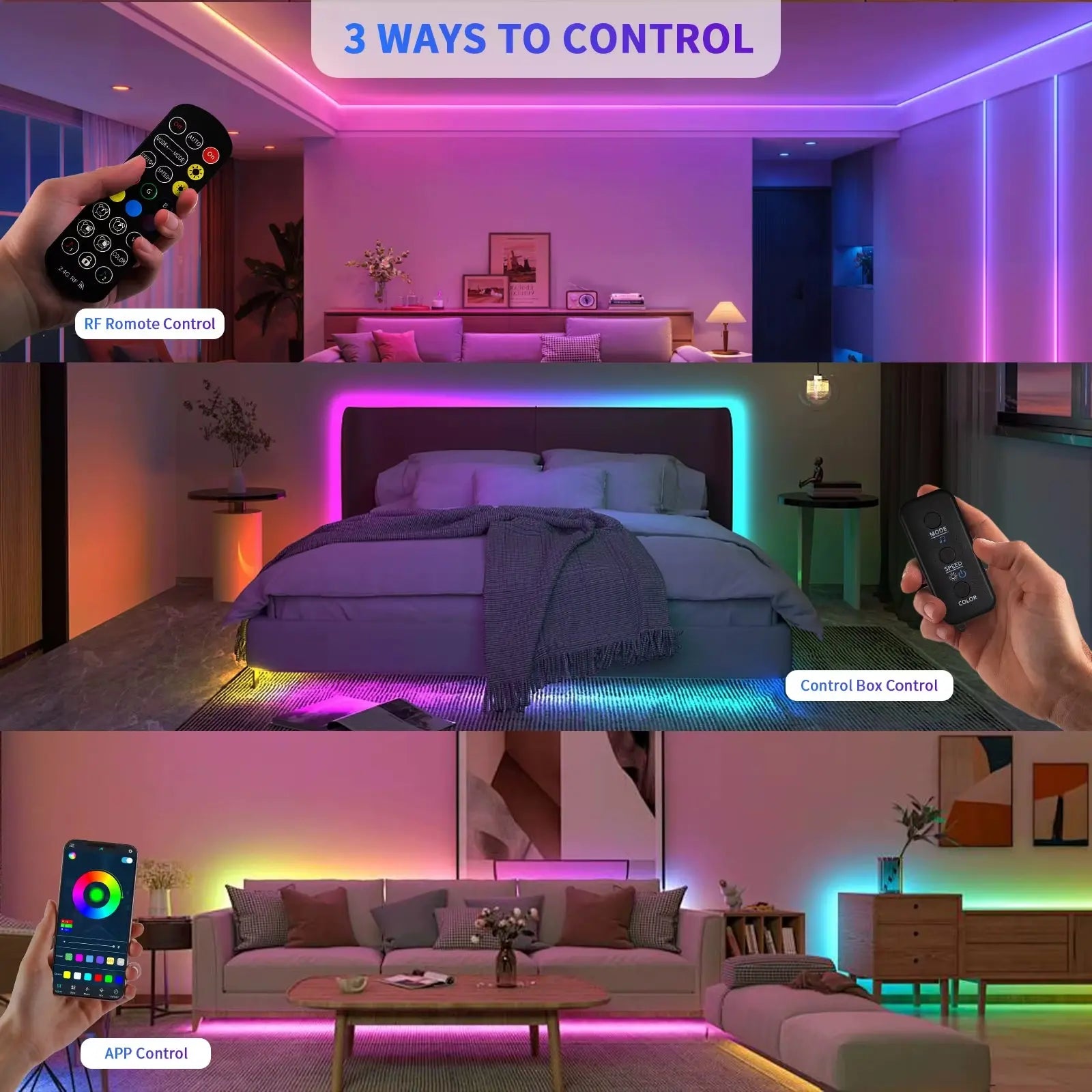 COB RGBIC LED Strip Lights 24V - 6M/12M Smart RGB Lighting for Bedroom with RF Remote and Bluetooth App Music Sync