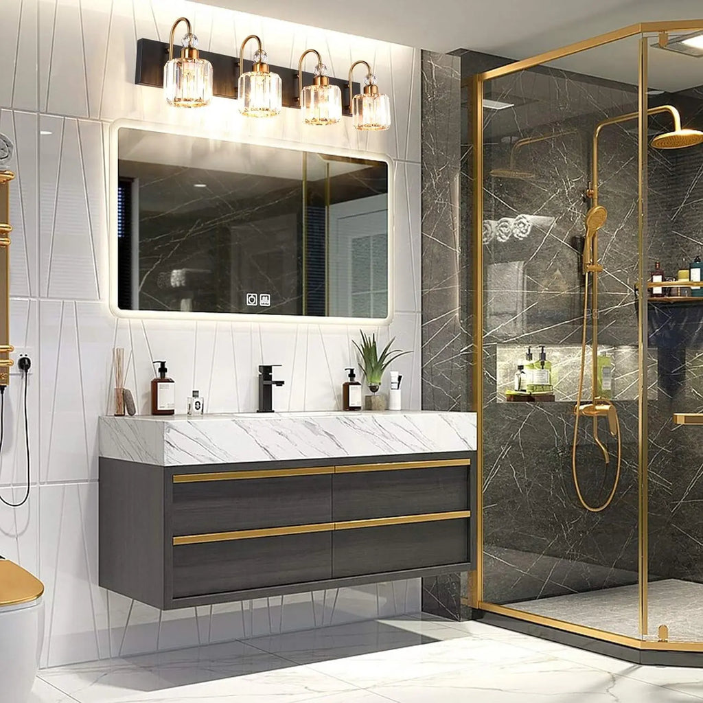 Modern LED Vanity Light Fixture with 4 Lights in Matte Black and Crystal Accents for Bathroom Decor