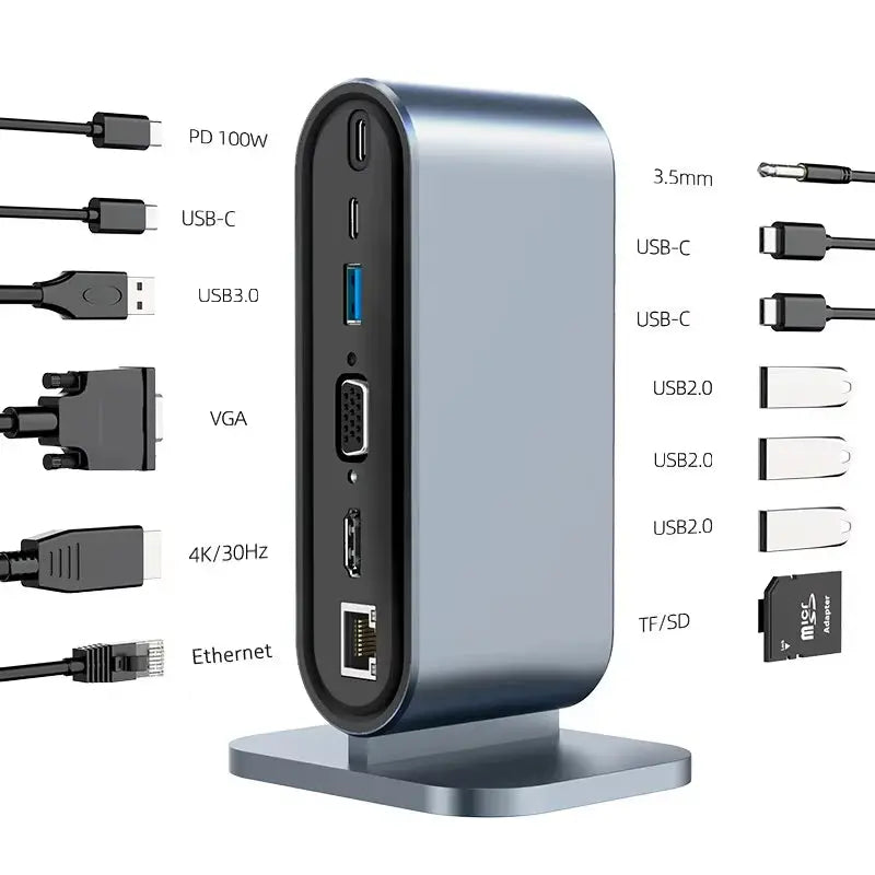USB C 3.0 Hub with Multi 4K HDMI, RJ45 Ethernet, VGA, and PD Power Adapter Docking Station for Laptops