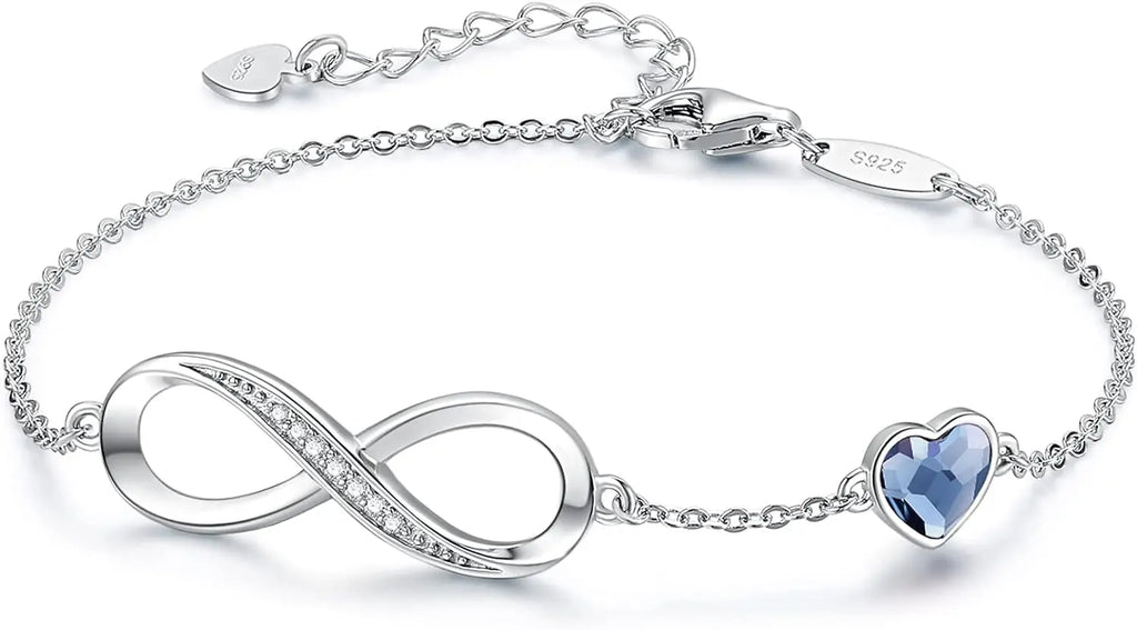 Infinity Heart Birthstone Charm Link Bracelet for Women in 925 Sterling Silver - Adjustable Gift for Mother's Day, Christmas, Anniversaries, and Birthdays for Wife or Girlfriend
