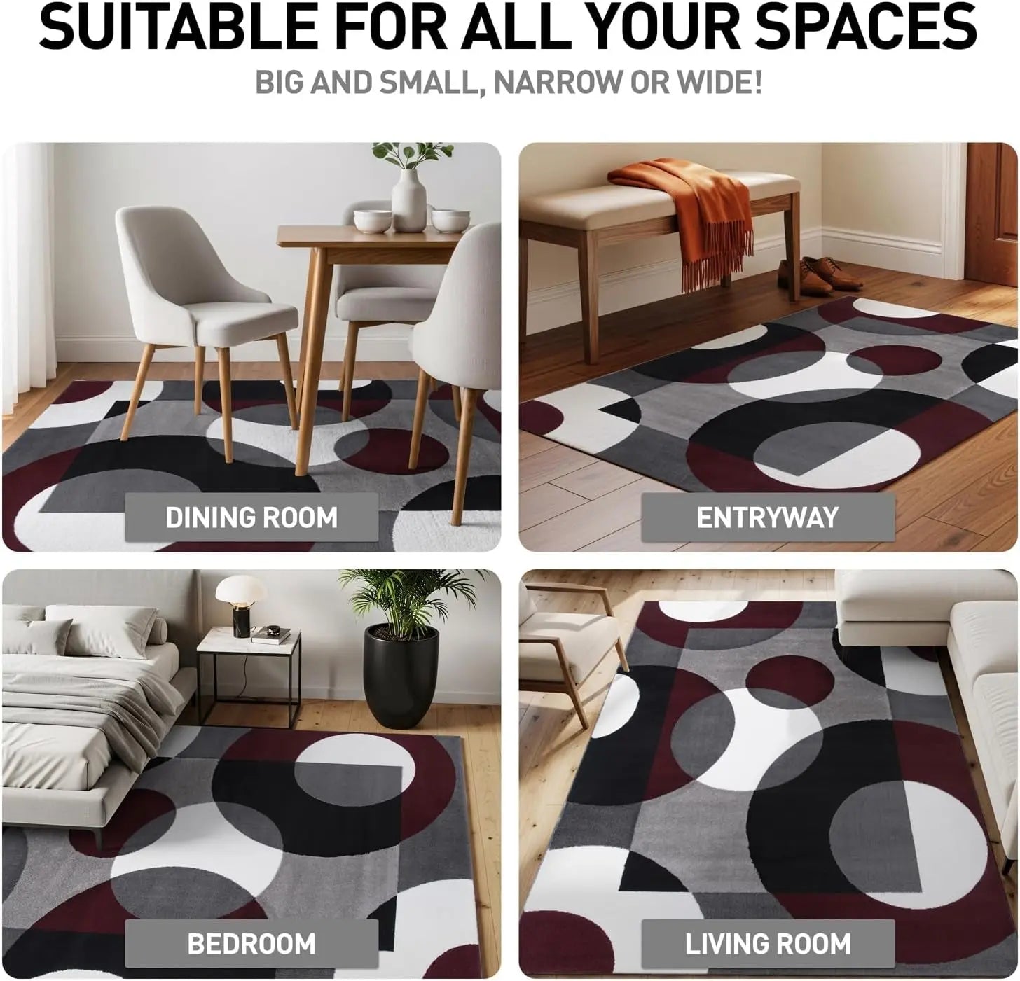 Contemporary Circles Area Rug - Low Maintenance Soft Runner for Home Office, Living Room, Bedroom, and Kitchen - 2' x 7'2" - Burgundy