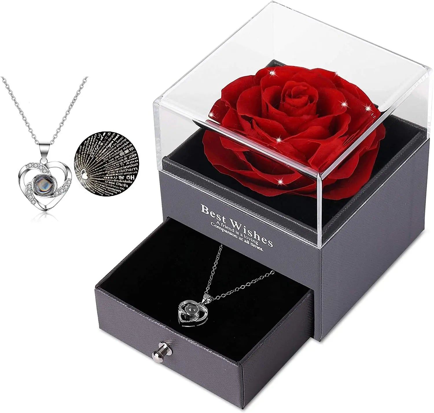 Mother's Day Gift Set: Preserved Real Flower Rose with Silver-Tone Heart Necklace Featuring "I Love You" in 100 Languages, Red Crystal Enchantment