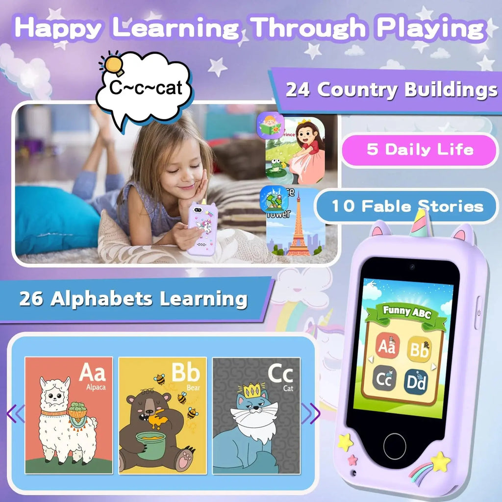 Girls' Smart Phone with Unicorn Design - Dual Camera, Music, Games, and Stories - Touchscreen Learning Toy for Ages 6-8 - Ideal Christmas and Birthday Gift for 3-7 Year Olds with 8GB SD Card