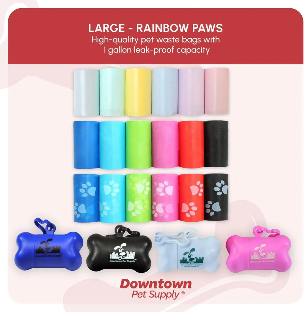Dog Waste Bags with Dispenser - 180 Count Leak-Proof Poop Bags and Bone-Shaped Holder for Leash - Rainbow Design with Paw Prints, 12.5" x 8.5