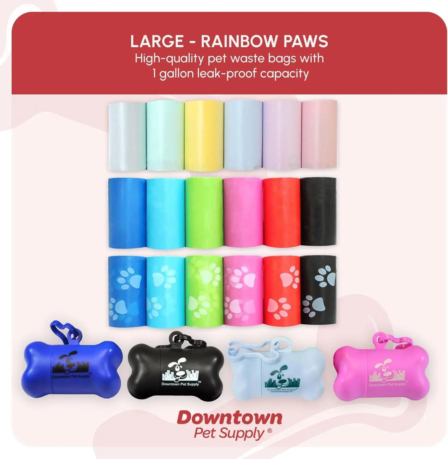Dog Waste Bags with Dispenser - 180 Count Leak-Proof Poop Bags and Bone-Shaped Holder for Leash - Rainbow Design with Paw Prints, 12.5" x 8.5