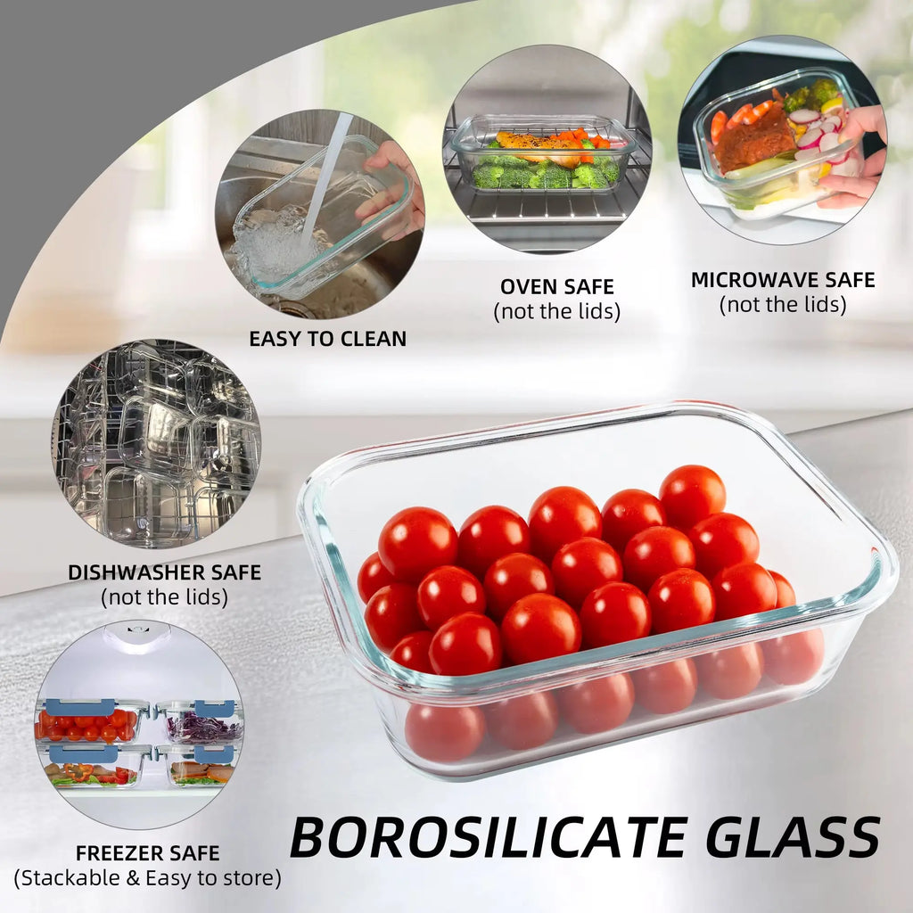 16-Piece BPA-Free Glass Food Storage Container Set, Leakproof and Airtight, Microwave and Oven Safe, Stackable Kitchen Organizers