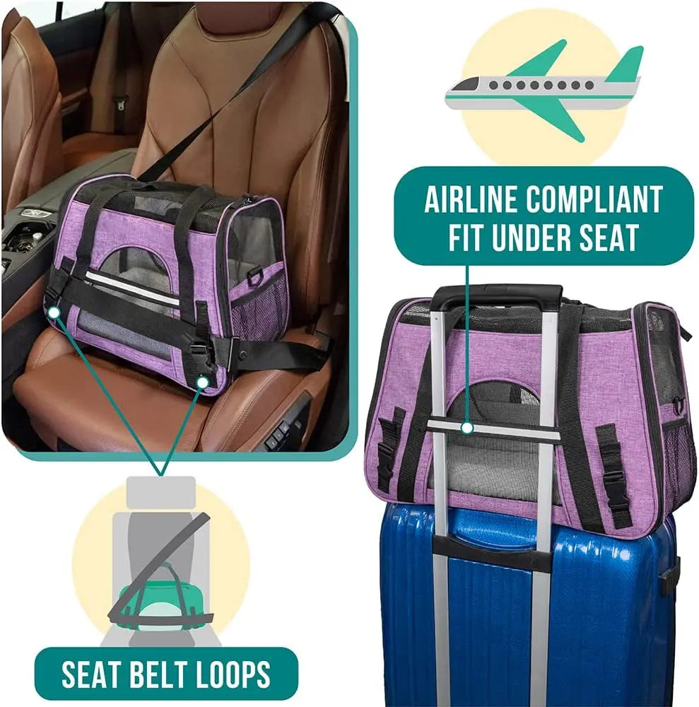 Airline-Approved Soft-Sided Pet Carrier for Cats and Small Dogs, Ventilated Travel Bag for Indoor Cats, Medium Kittens, and Puppies in Large Heather Purple
