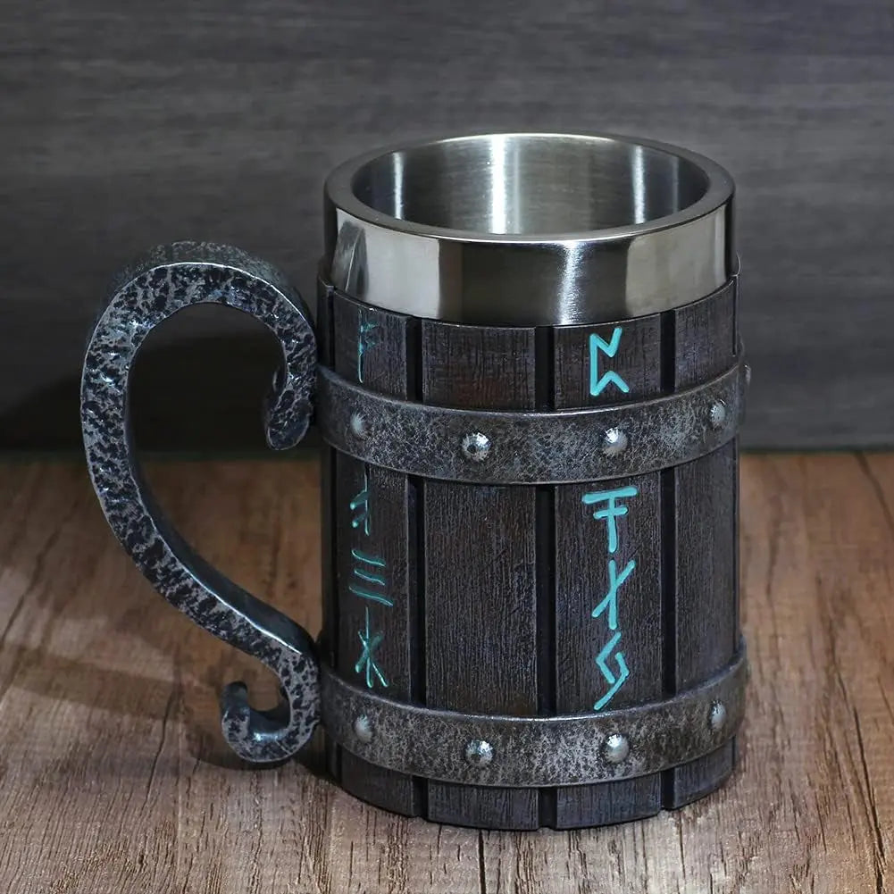 Norse-Inspired Stainless Steel and Wooden Viking Coffee Mug - Ideal Gift for Men, Beer Stein
